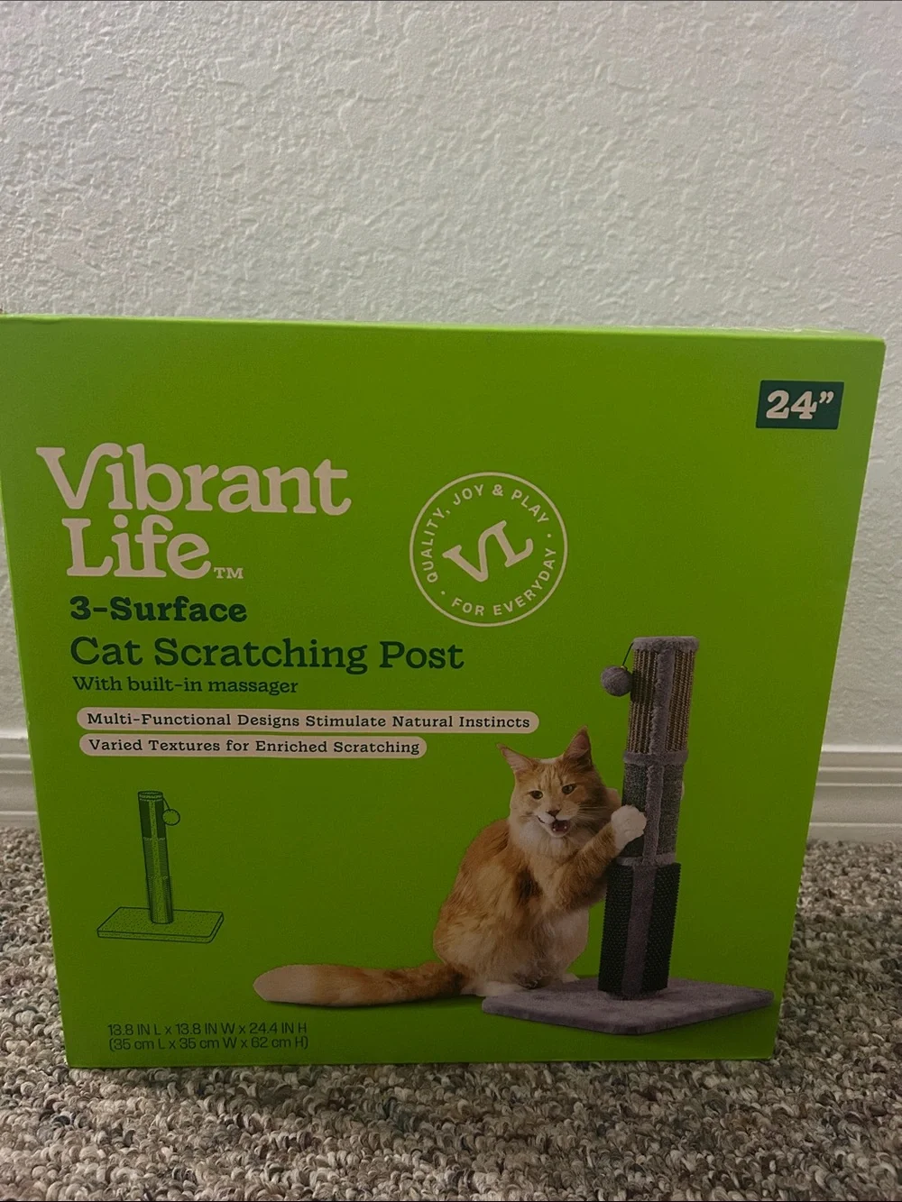 NEW Vibrant Life 24” 3-Surface Cat Scratching Post with Built-In Massager